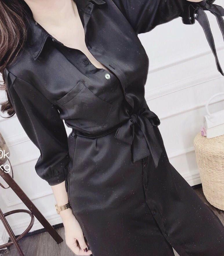 Đầm sơ mi cột eo phi lụa mờ