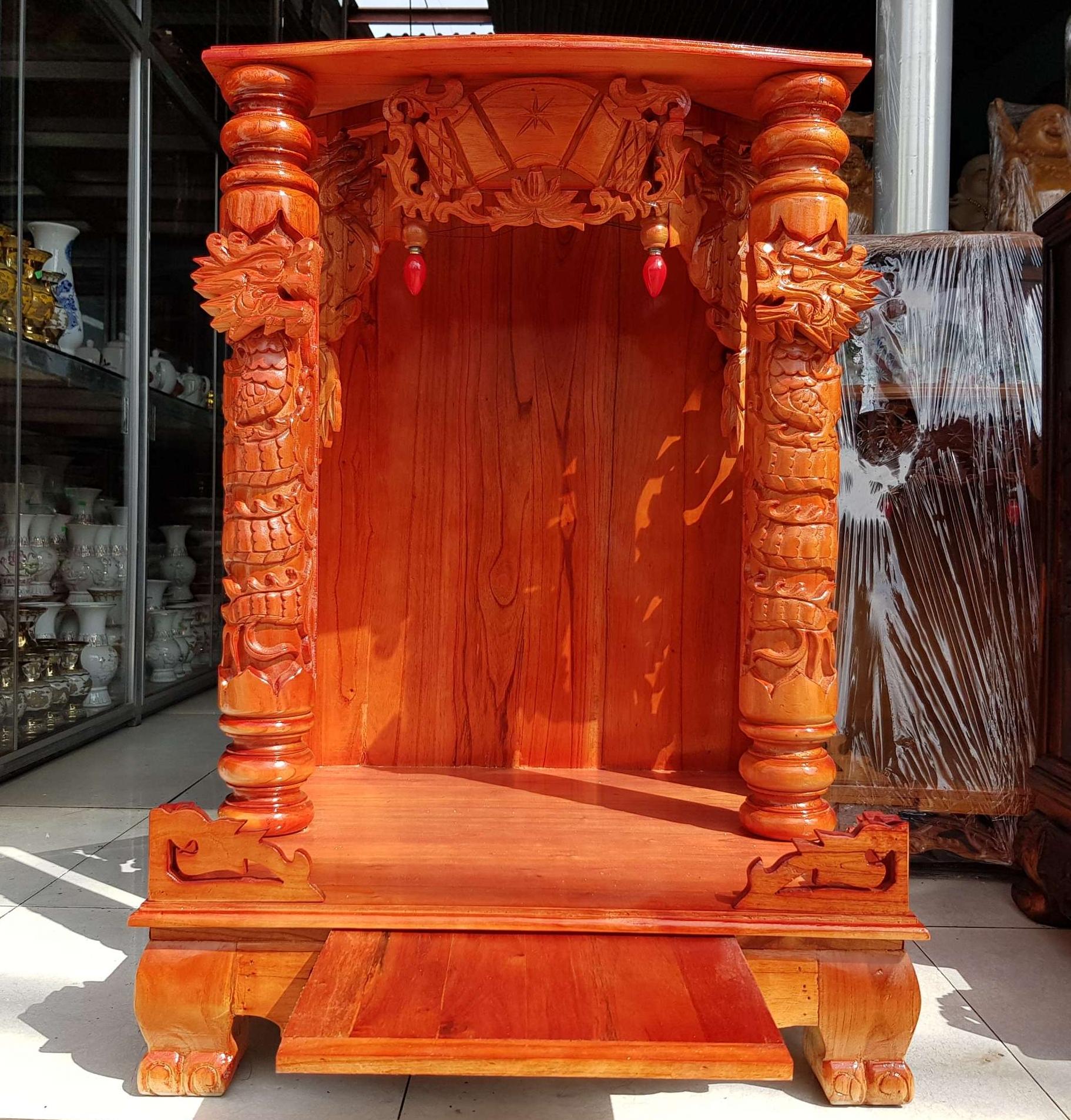 Bàn thờ thần tài ông địa gỗ xoan ngang 60 cm quỳ trụ