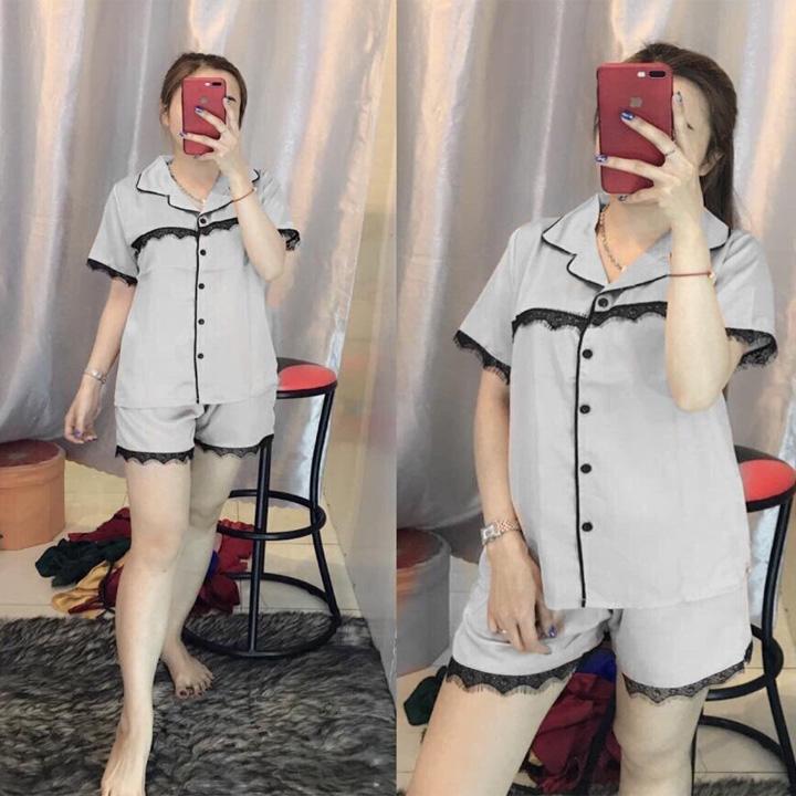 Đồ Bộ Nữ Quần Đùi Mặc Nhà Chất Phi Bóng Phối Ren