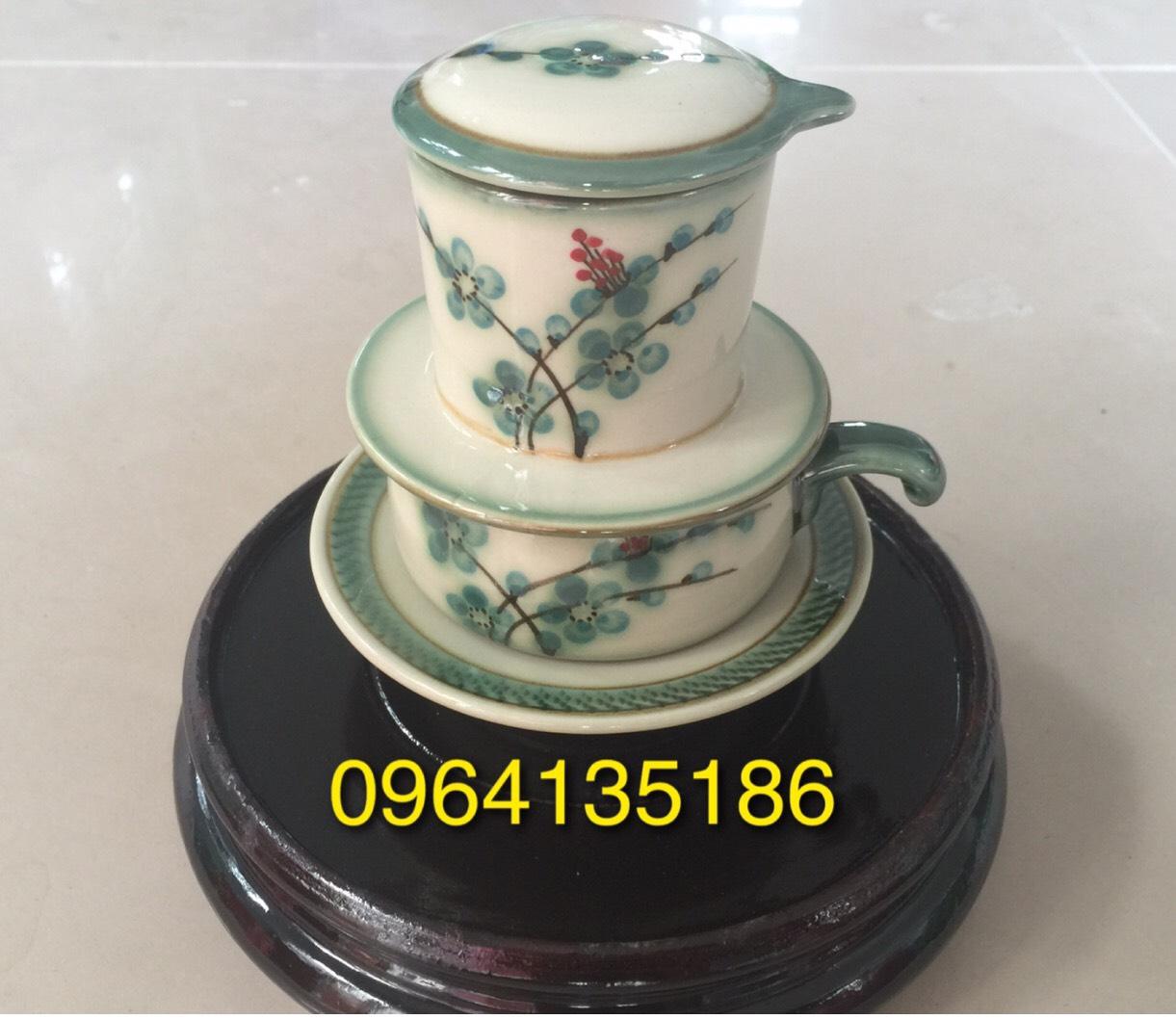 Phin pha cà phê vẽ hoa tầm xuân xanh gốm sứ Bát Tràng