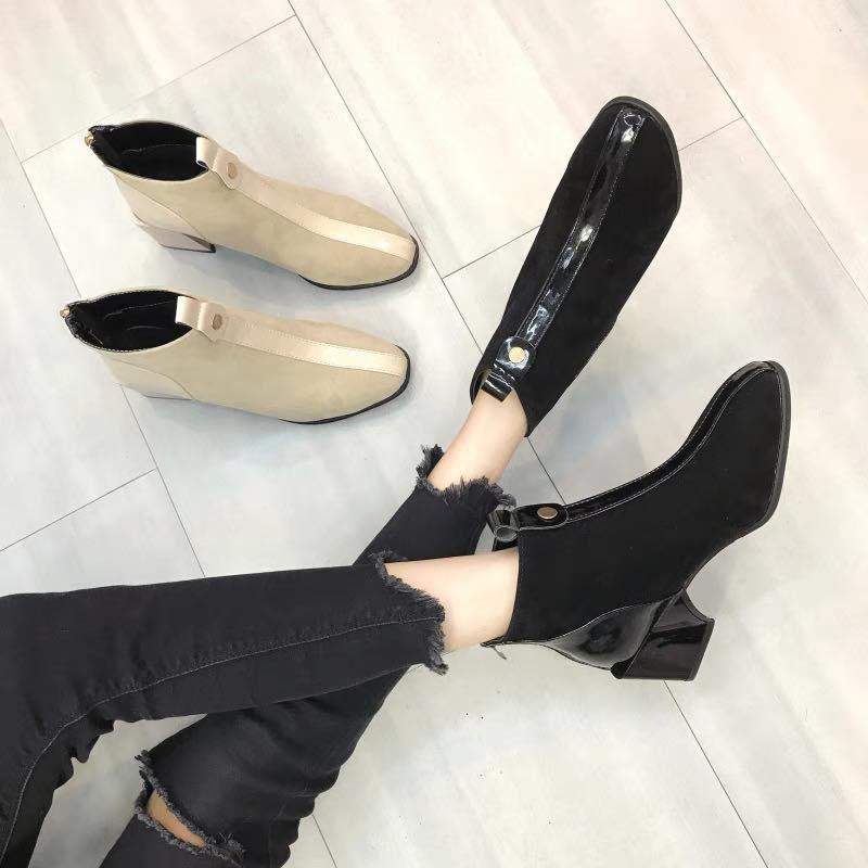 Giày Bốt Nữ Da Lộn Khóa Sau Gót Vuông Cao 5cm
