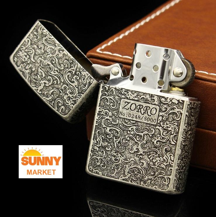 Bao da đựng bật lửa Zippo gắn hình mặt Rồng (Nâu) (Da thật 100%)