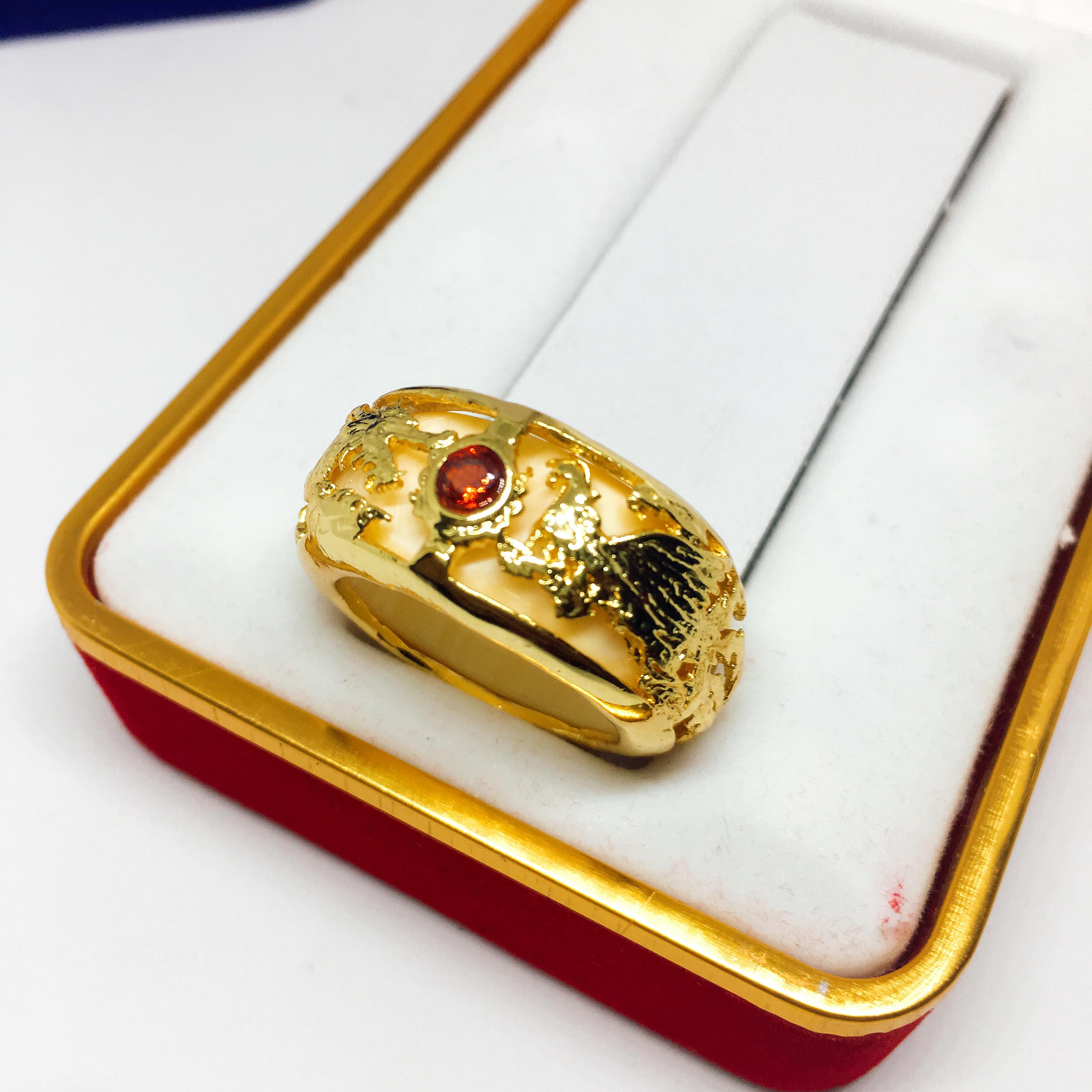 Trang sức nam Nhẫn nam bạc Thái mạ vàng ngọc đỏ 2 hàng lông cao cấp, may mắn