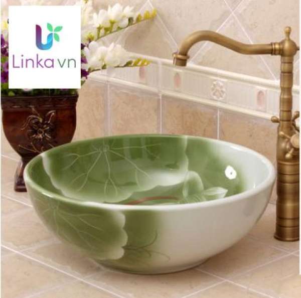 Chậu rửa lavabo gốm sứ nghệ thuật – Họa tiết sen xanh dịu mát