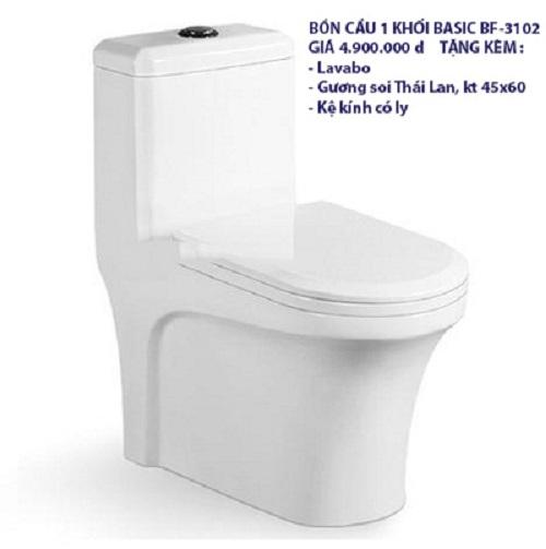 Bồn cầu 1 khối Basic BF-3102 ( tặng kèm lavabo, gương nhập Thái Lan, kệ kính có ly)