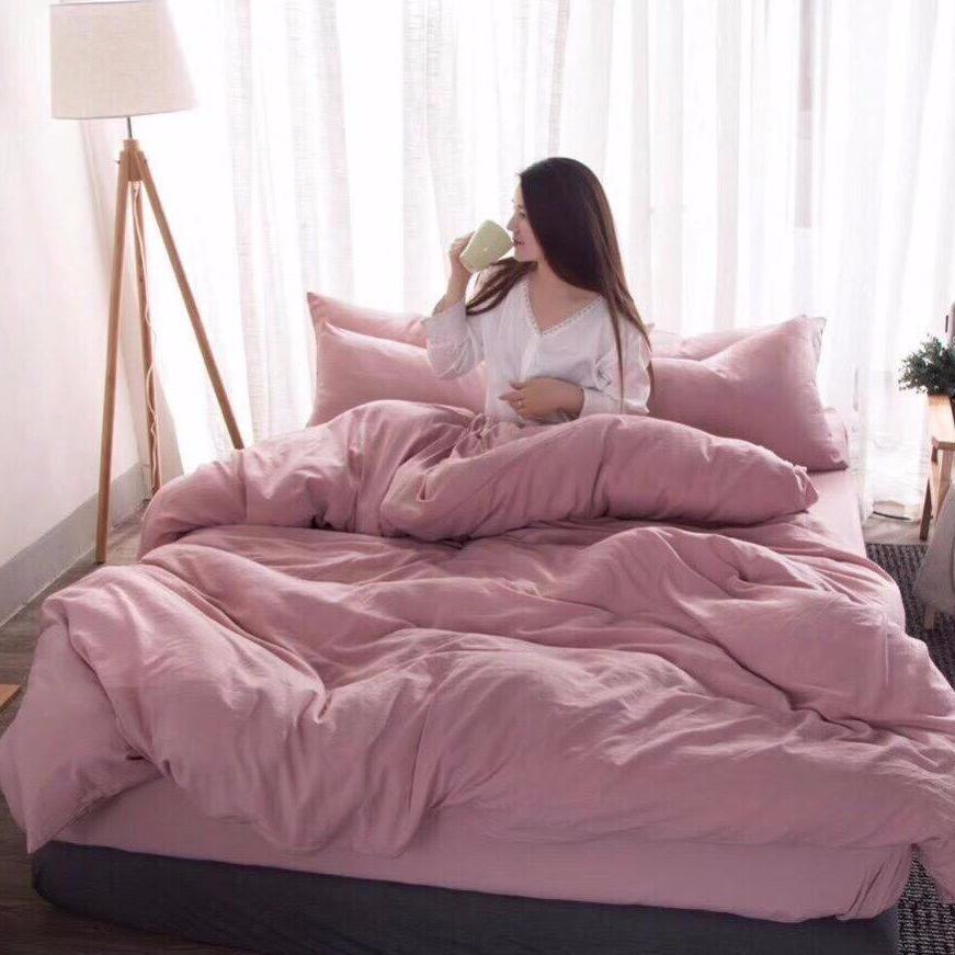 BỘ CHĂN GA GỐI COTTON ĐŨI NHẬP TRƠN MÀU HỒNG PHẤN.