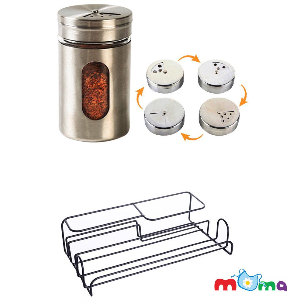 Trọn bộ, set kệ, giá đỡ gồm 9 món lọ, hũ, chai thủy tinh viền inox đựng gia vị, dầu, giấm, sang trọng, làm đẹp cho bếp, phòng ăn, nhà hàng, quán_HK055