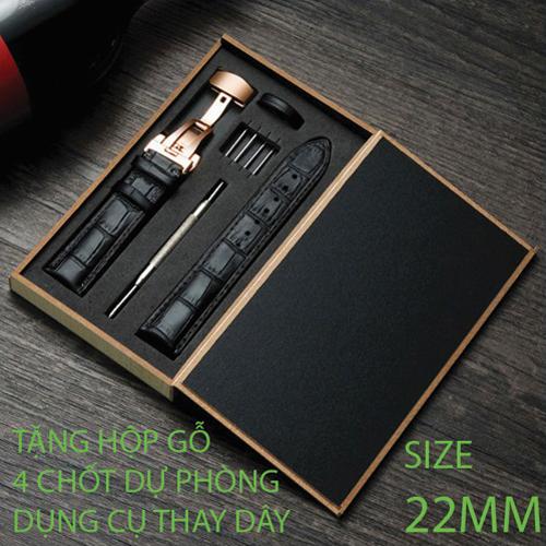 Dây đồng hồ da bò cao cấp tặng Hộp Gỗ SIZE 22mm ( Da ĐEN) kèm khóa bướm thép không gỉ 316L (vàng HỒNG)