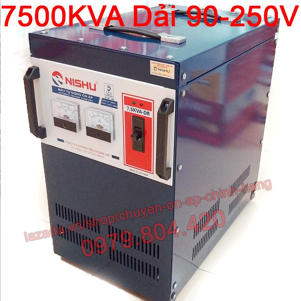 Ổn Áp Nishu 7,5KVA DR dải 90-250V, bảo hành 4 năm, 100% dây đồng