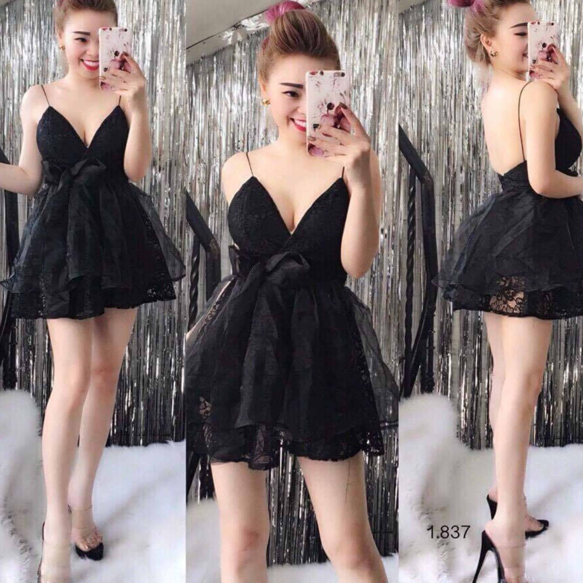Đầm xòe 2 dây phối lưới thắt nơ 