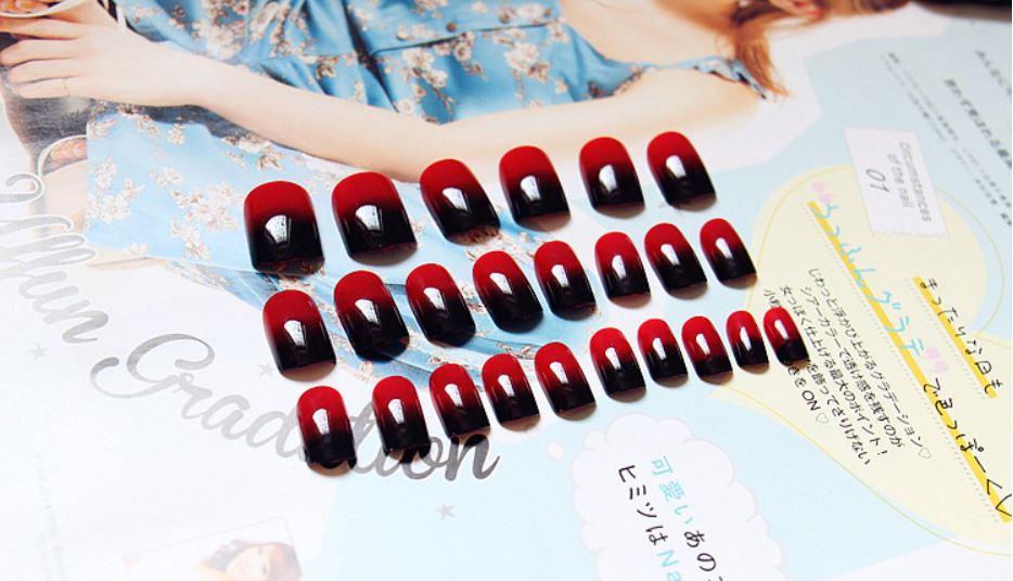 Bộ 24 móng tay giả ombre trơn màu đỏ đen (kèm keo)
