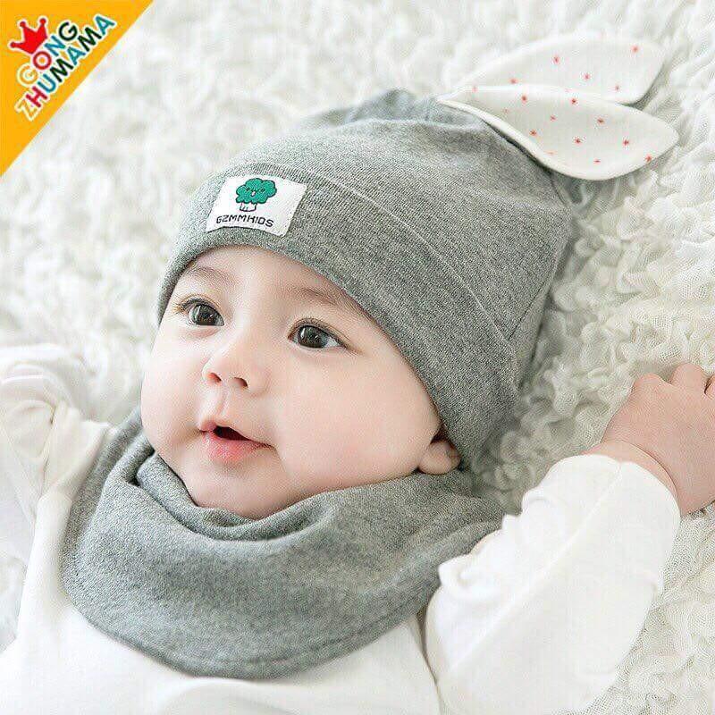 BỘ MŨ KHĂN COTTON TAI THỎ CHO BÉ
