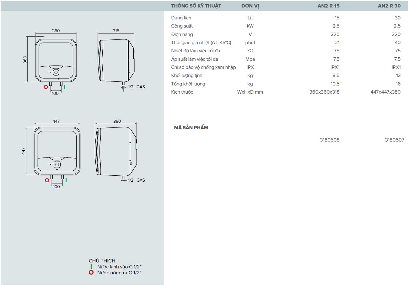 Bình nước nóng Ariston Andris2 R 15 lít (AN2 15R ) Model 2018