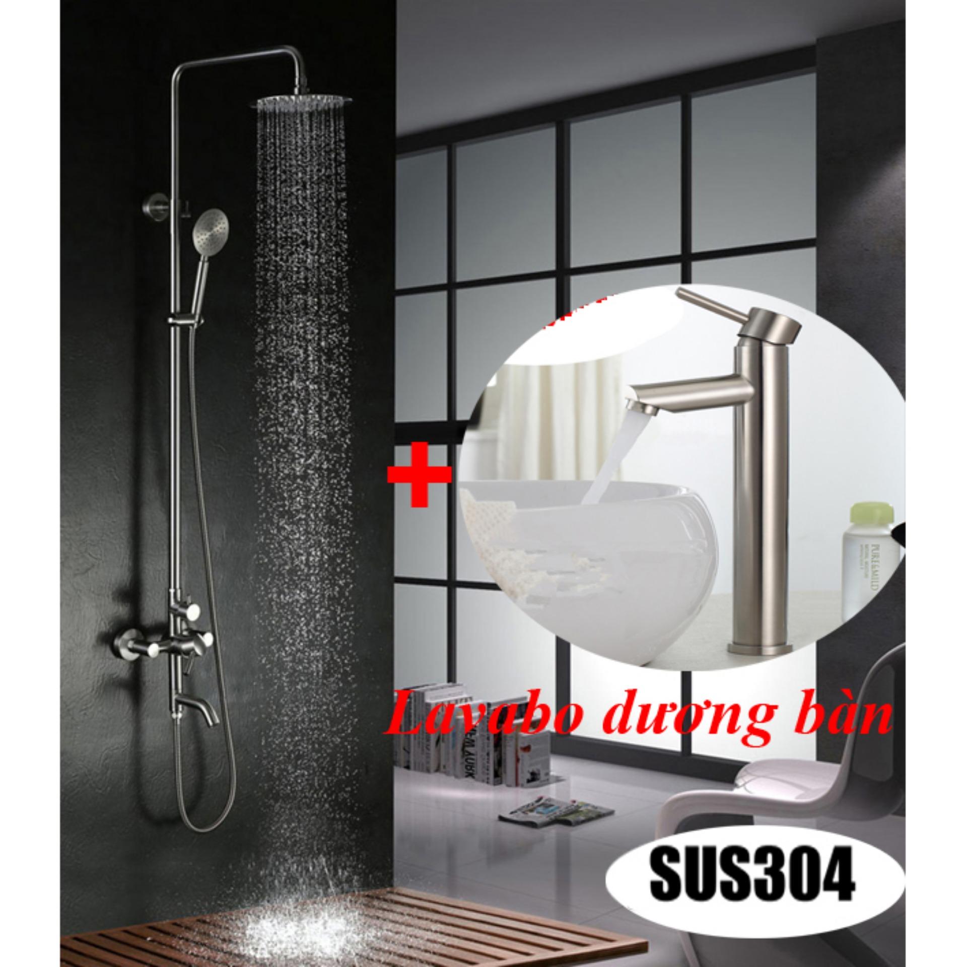 Bộ sen cây tắm nóng lạnh Inox SUS304 tròn dọc 3002 + Lavabo 5015