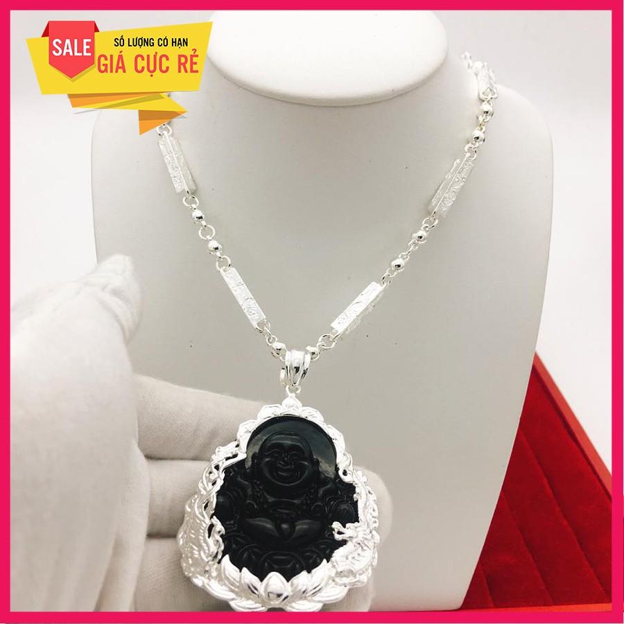 Dây chuyền bạc Mặt Phật Di Lạc đá thạch anh cao cấp (đen)