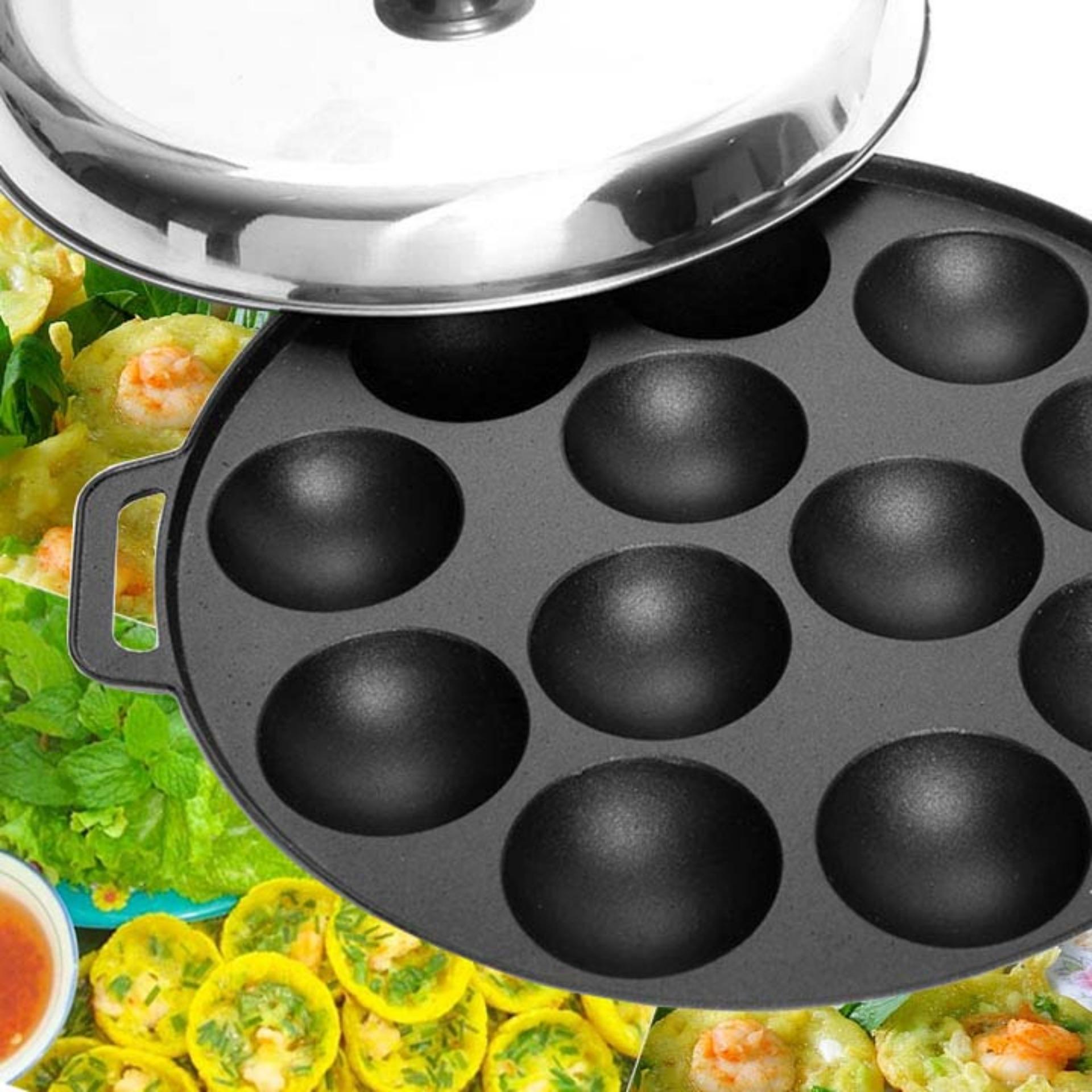 (Inox CHỐNG DÍNH 2 MẶT TRONG VÀ NGOÀI) Khuôn Bánh Khọt 12 lỗ chống dính cao cấp kèm nắp, Khuôn làm bánh khọt, Dụng cụ làm bánh khọt, Khuôn làm bánh bèo, khuôn làm bánh căn đa năng tiện dụng