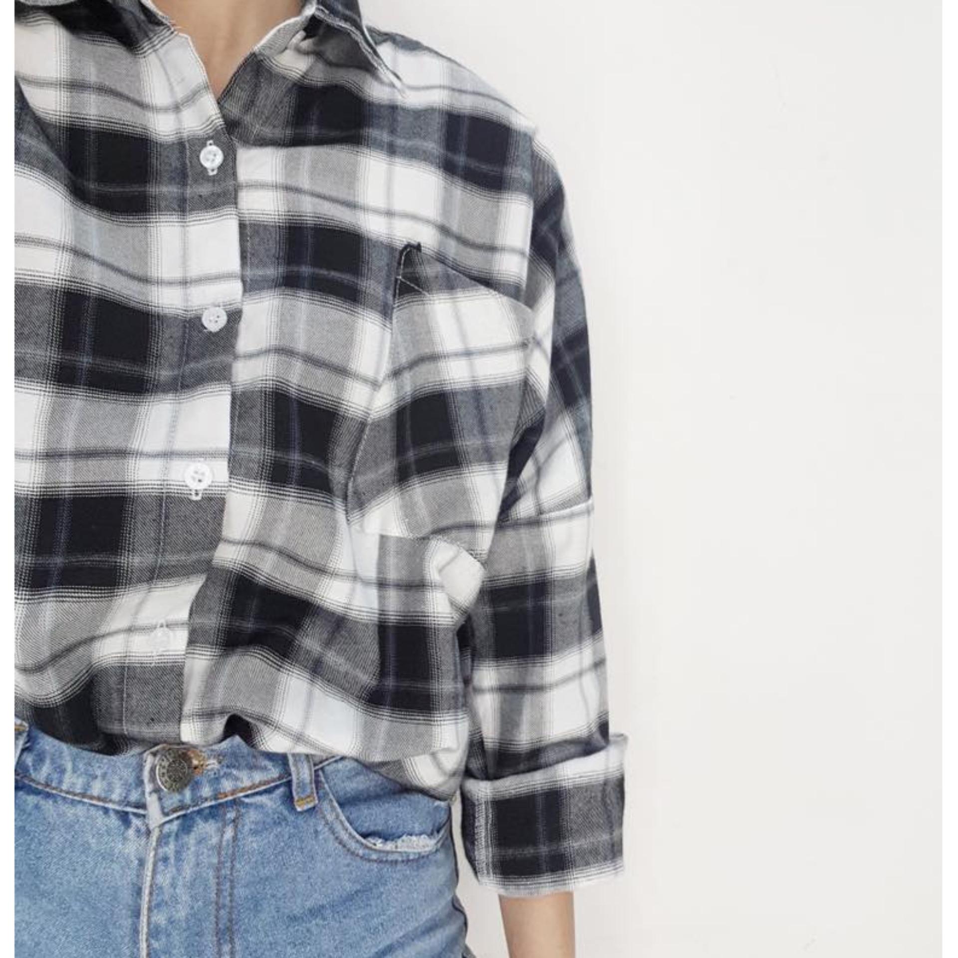 Áo sơ mi sọc Oversize sọc caro Đen-xám-trắng
