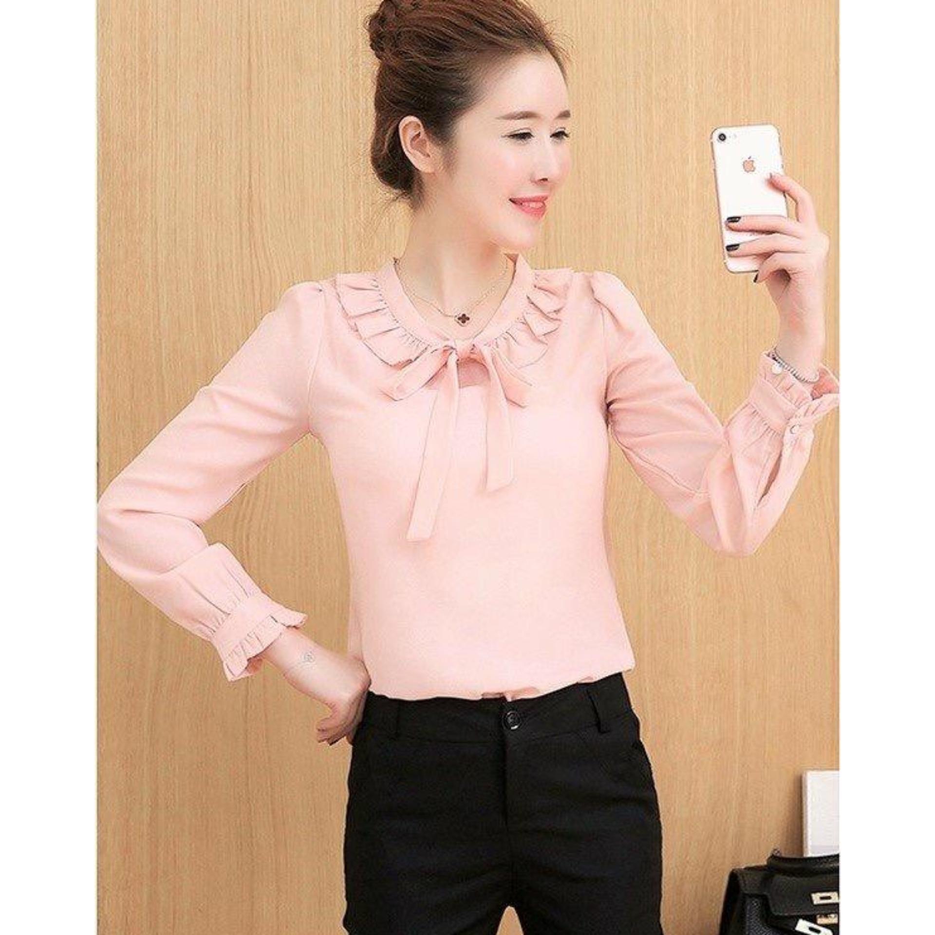 Áo công sở tay dai cổ xếp bèo cột nơ trắng
