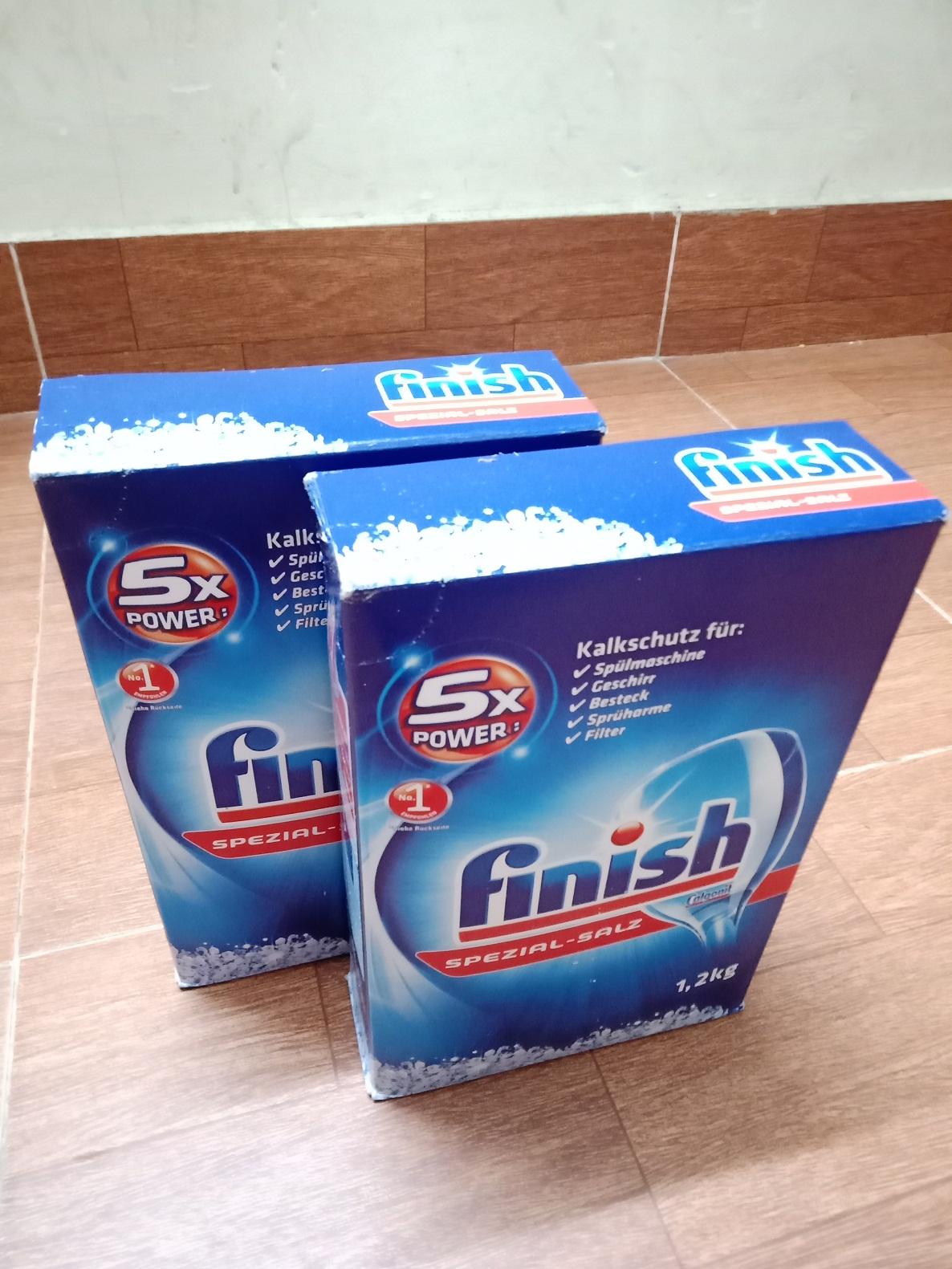 2 hộp muối rửa chén ly Finish ( hộp 1,2kg ) hàng Đức dùng cho máy rửa bát chén