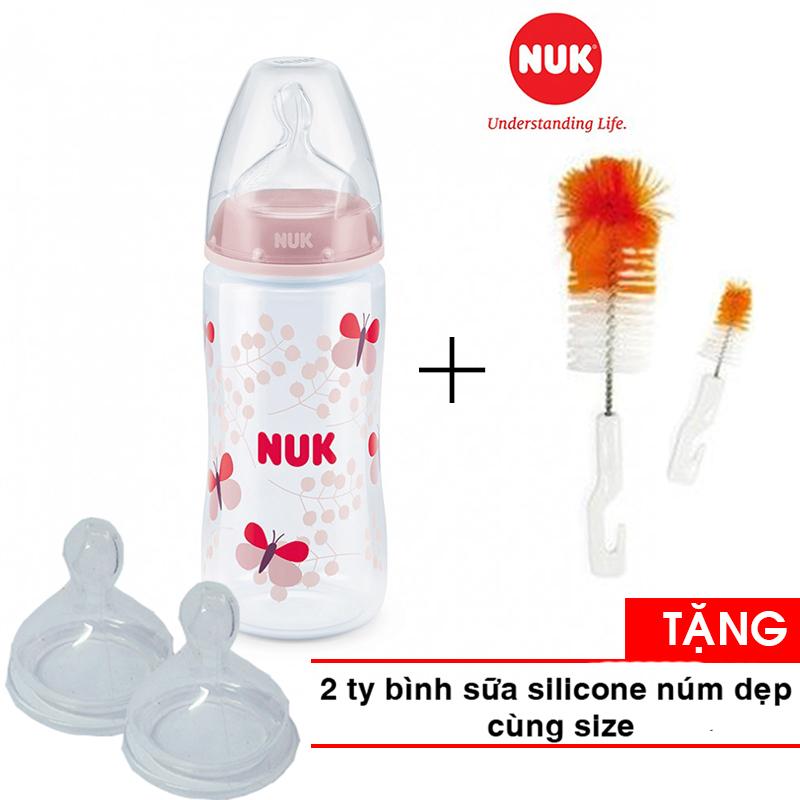 Bình sữa NUK cổ rộng PP 300ml - Ty Silicone 2M NU34330 + 1 cọ rửa bình sữa TẶNG 2 ty thay binh sua (Số lượng có hạn)