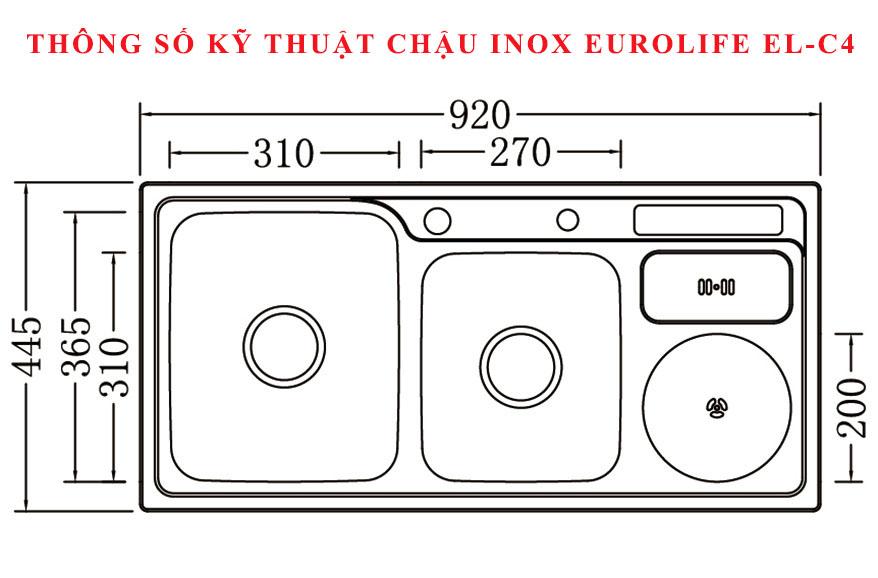 Chậu rửa chén Inox 2 hộc một hố rác Eurolife EL-C4 (Trắng bạc)