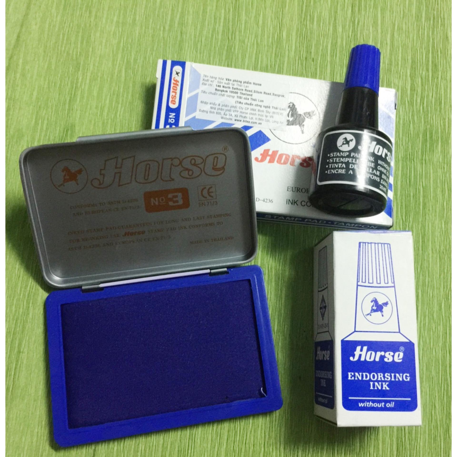 Hộp dấu kim loại Horse số 3 + bình mực màu xanh - đóng dấu - lăn tay (màu xanh)
