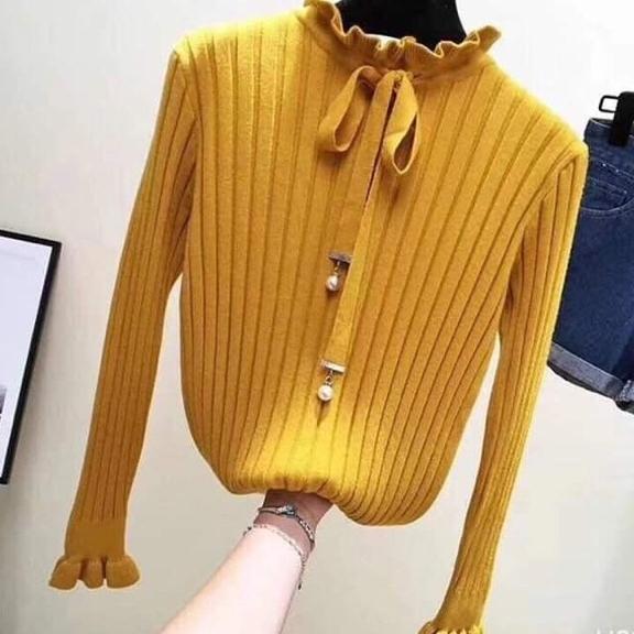 Áo len bánh bèo nơ ngọc cao cấp