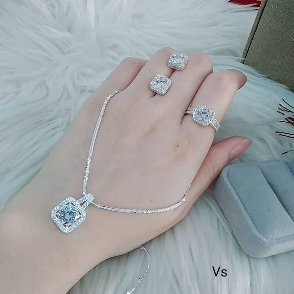 Bộ trang sức bạc đính đá hình vuông cho nữ