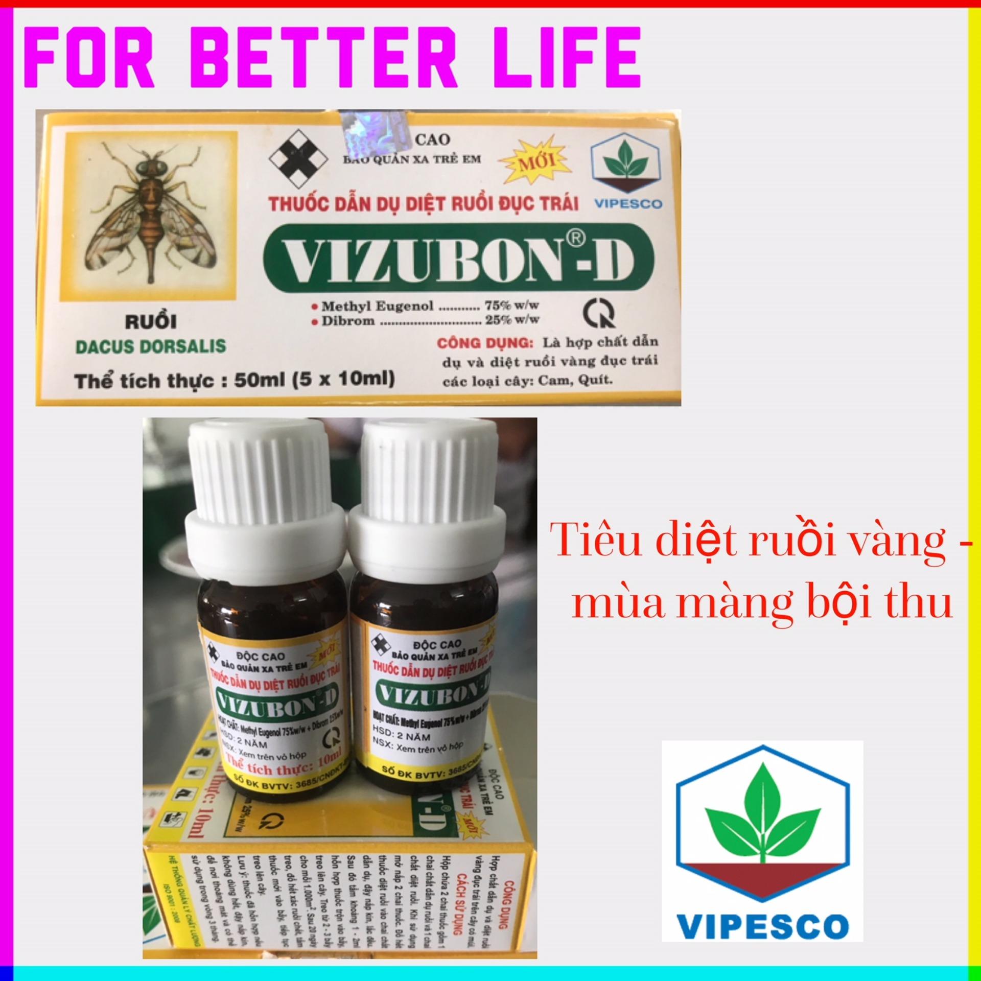 Bộ 2 hộp Thuốc dẫn dụ diệt ruồi vàng VIZUBON - D (2 chai thuốc diệt ruồi + 2 chai dẫn dụ)