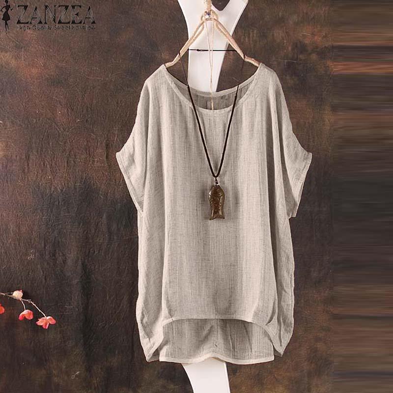 ZANZEA Cotton Linen Top Pullover Women O Neck Summer Short Batwing Sleeve Blouse Light Green