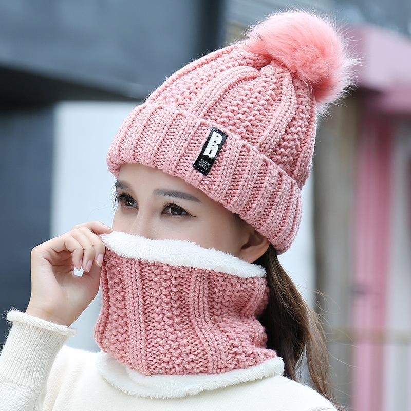 Set mũ len và khăn quàng cổ lót lông cao cấp
