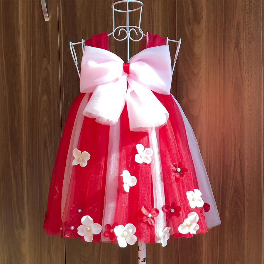 Váy tutu đỏ phối hồng phấn nhạt nơ hồng phấn
