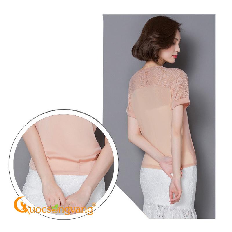 Áo lụa nữ gấu thun cổ v ngắn tay phối ren Queenbe GLA113