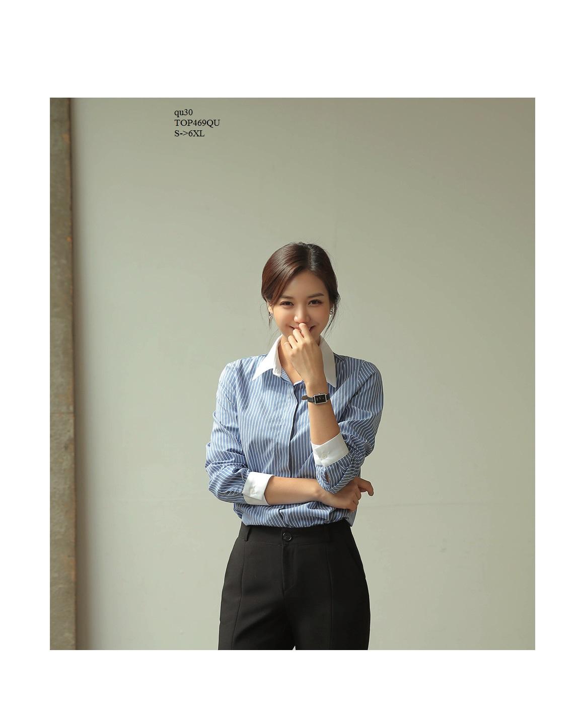 TOP469QU ÁO SƠ MI NỮ KẺ SỌC XANH