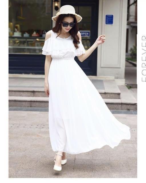 Đầm Maxi Du Xuân Đi Chơi Tết 2020 Rớt Vai Chiffon duyên dáng (Trắng)