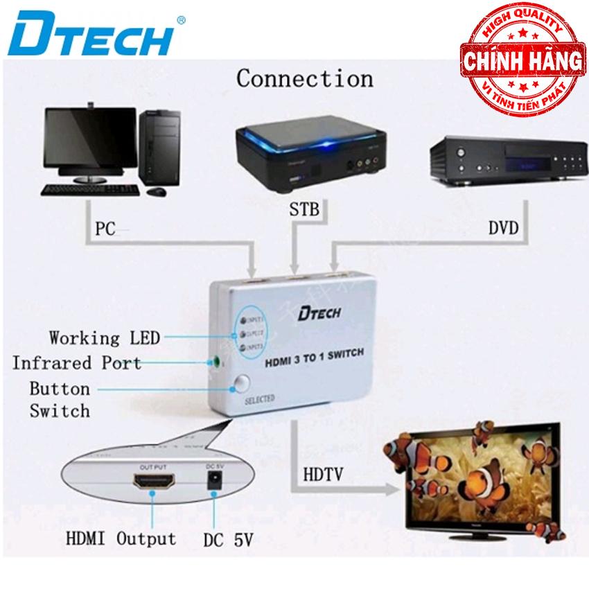 Switch bộ chia HDMI 3 vào 1 ra (3 máy tính ra 1 màn hình) Dtech DT-7018