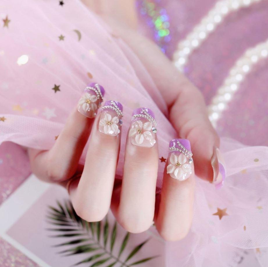 Bộ 24 móng tay giả tím đính đá (keo sẵn)