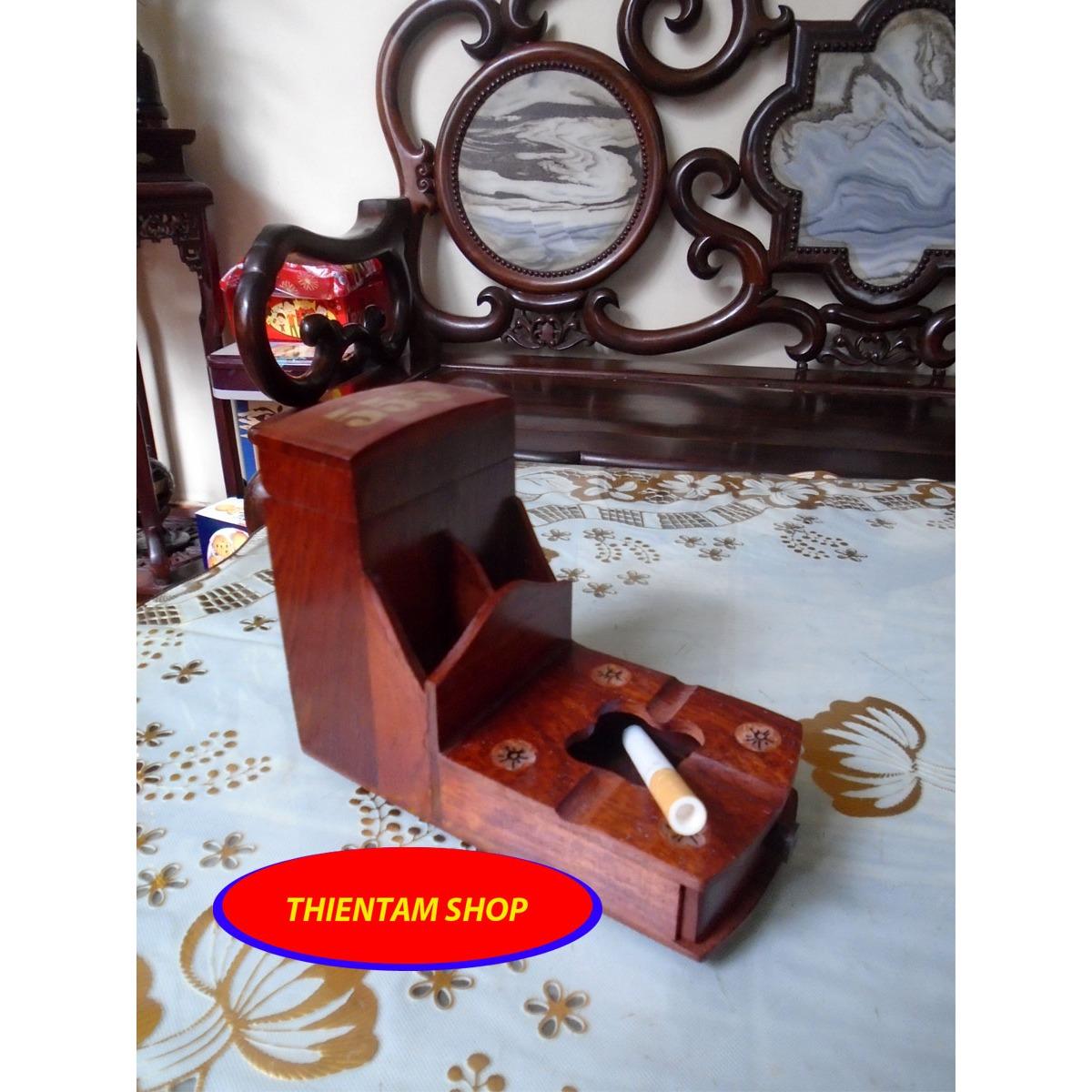 Gạt tàn có hộp chứa bao thuốc gỗ hương đỏ kèm ống tăm (CGT01)