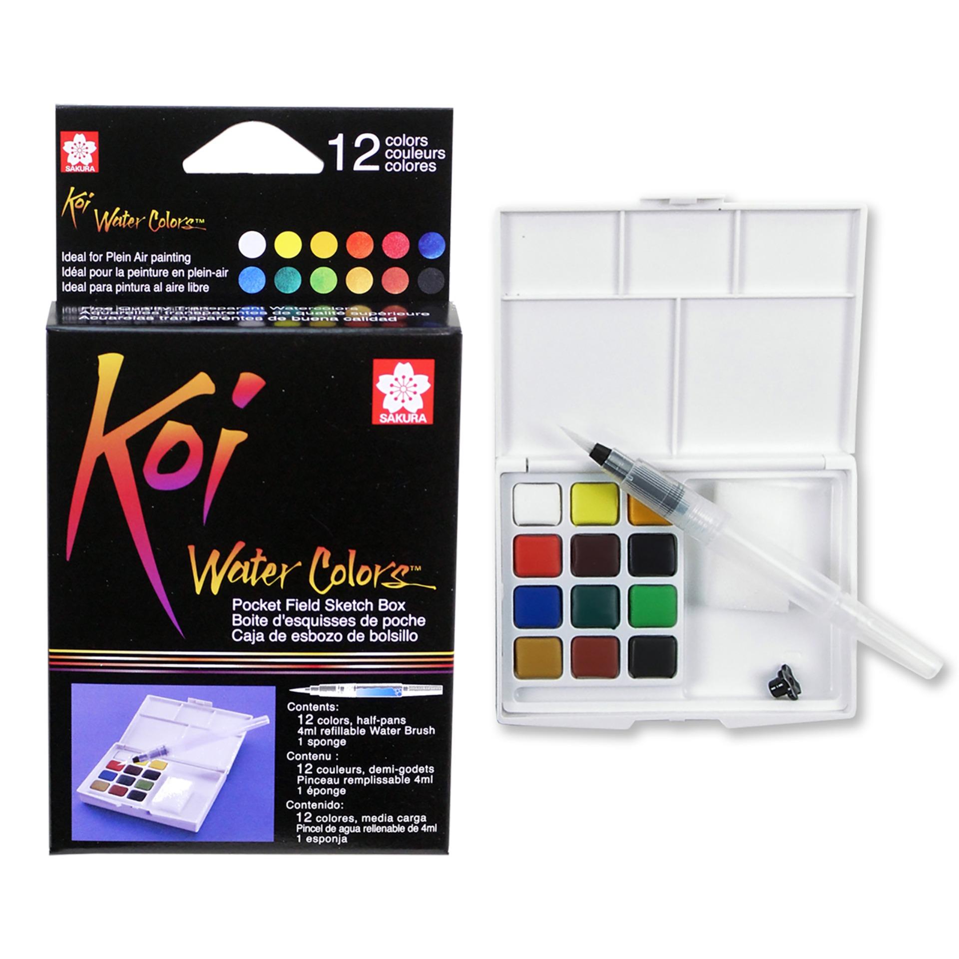 [HCM][TẶNG 10 TỜ GIẤY VẼ MÀU NƯỚC 300 GSM HAPPY A6] - MÀU NƯỚC SAKURA KOI DẠNG NÉN 12 MÀU (KÈM BẢNG PHA MÀU VÀ CỌ NƯỚC NGẮN)