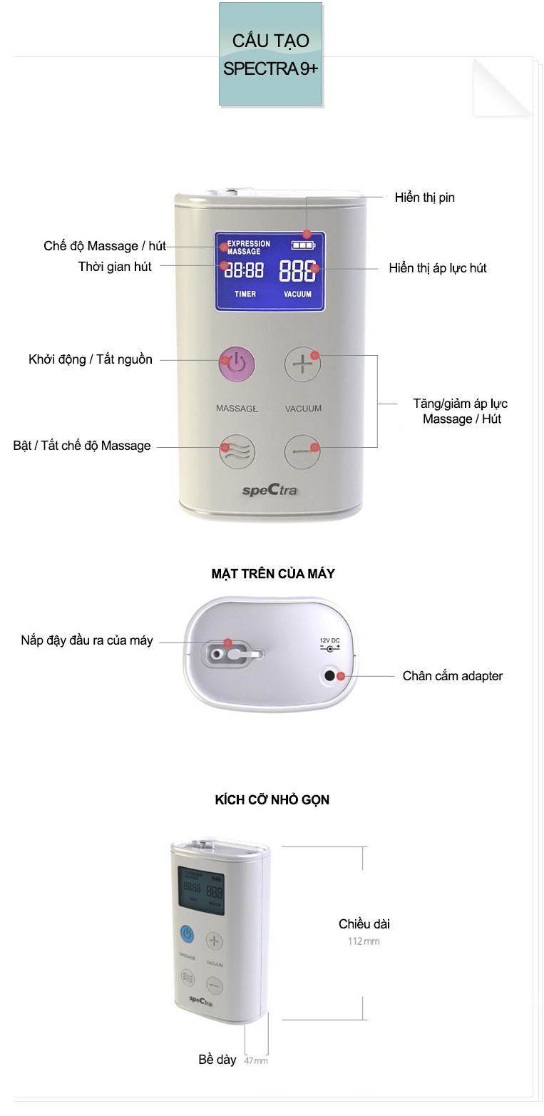 Máy hút sữa điện đôi Spectra 9 plus Made in Korea (có pin sạc tích điện)