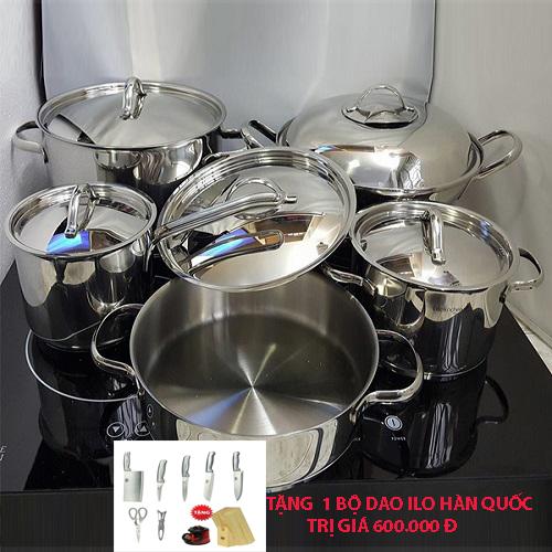 Bộ nồi cao cấp 11 món Edelkochen inox 304 nắp inox tặng 1 bộ dao ilo Hàn Quốc