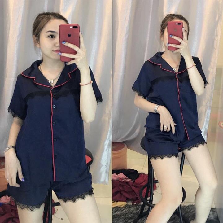 Đồ Bộ Nữ Quần Đùi Mặc Nhà Chất Phi Bóng Phối Ren