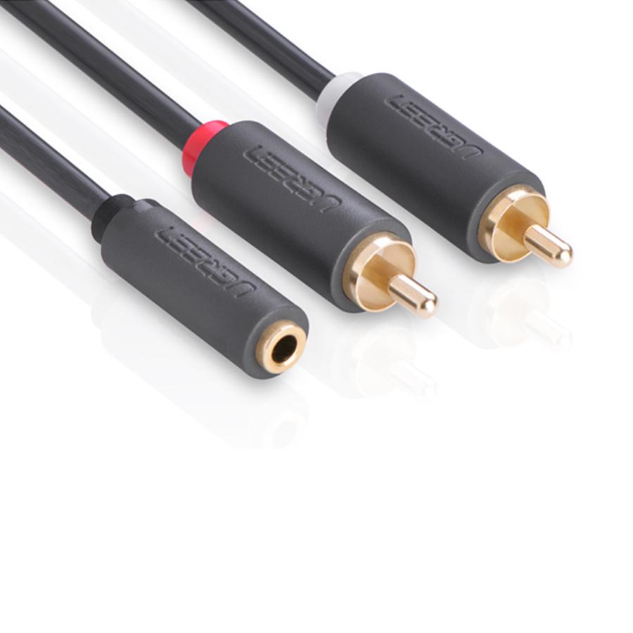 Dây cáp audio 3.5 cái ra 2 đầu RCA đực 0.2m Ugreen 10561 (Đen)