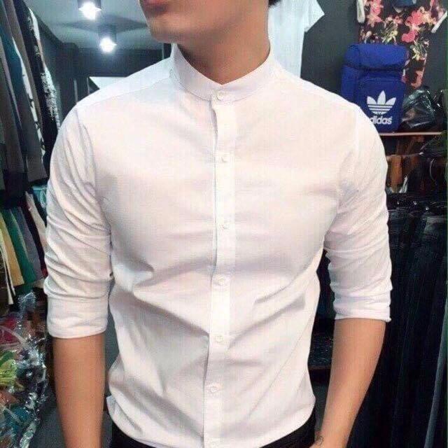 Áo Sơ mi nam Cổ Trụ ( vải sơ mi lụa không nhăn)