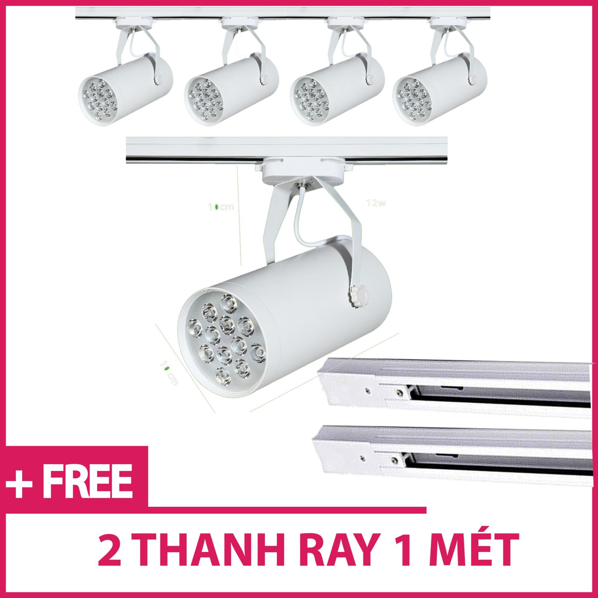 Bộ 5 đèn led rọi thanh ray 12w vỏ trắng ánh sáng trắng /vàng và 2 thanh ray 1 mét trắng