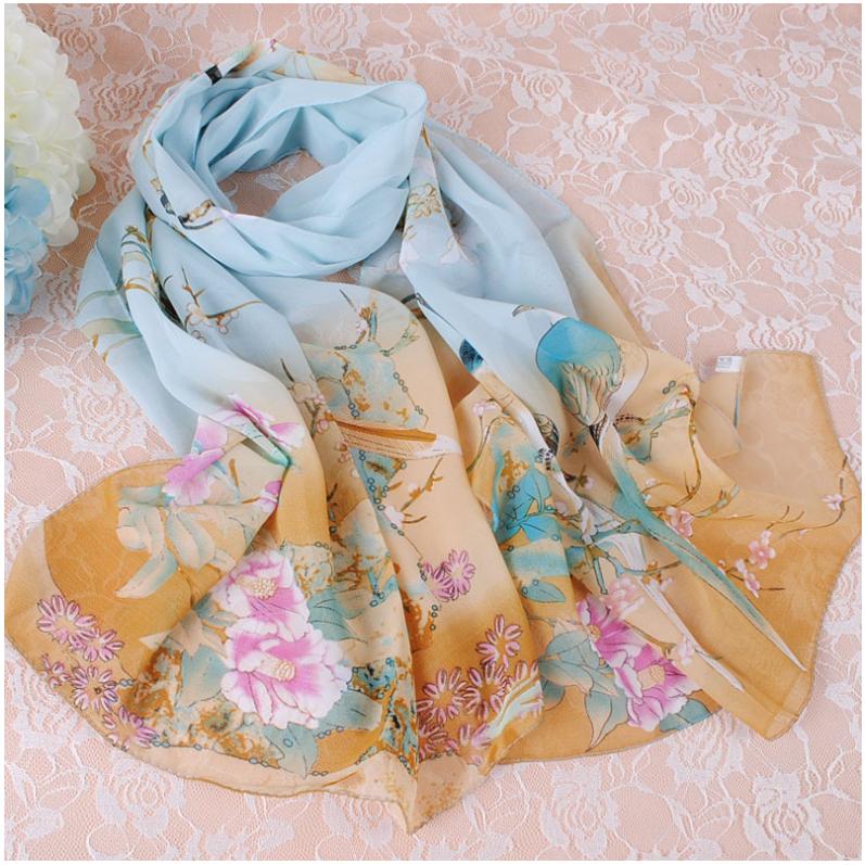 Khăn choàng cổ voan họa tiết đôi chim nhỏ màu xanh dương nhạt