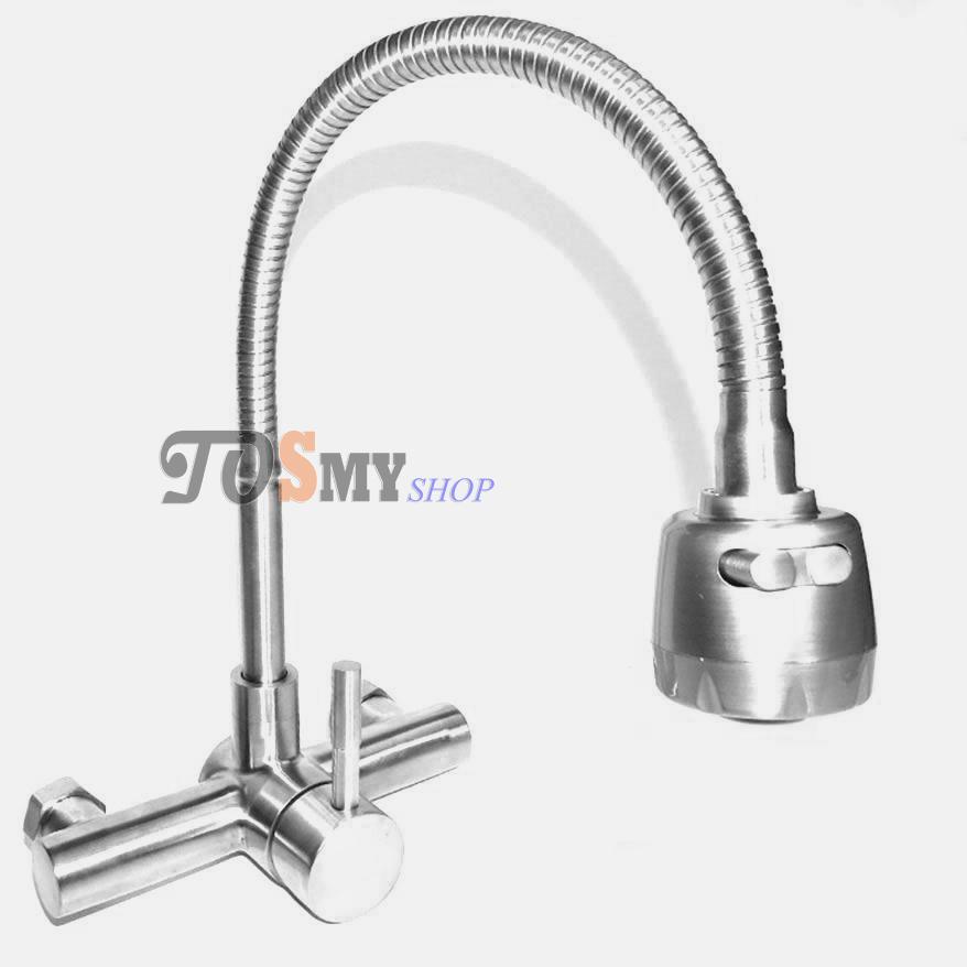 Vòi rửa chén nóng lạnh gắn tường inox 304 cần mềm
