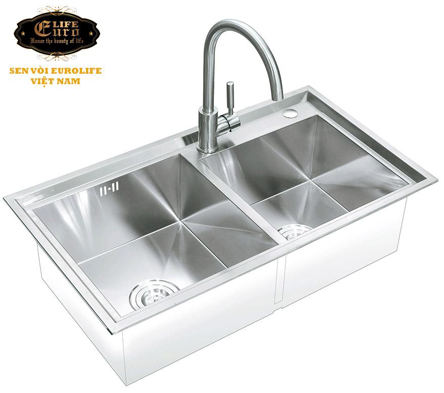 Chậu rửa chén Handmade Inox SUS 304 đúc 2 hốEurolife EL-C1 (Trắng bạc)