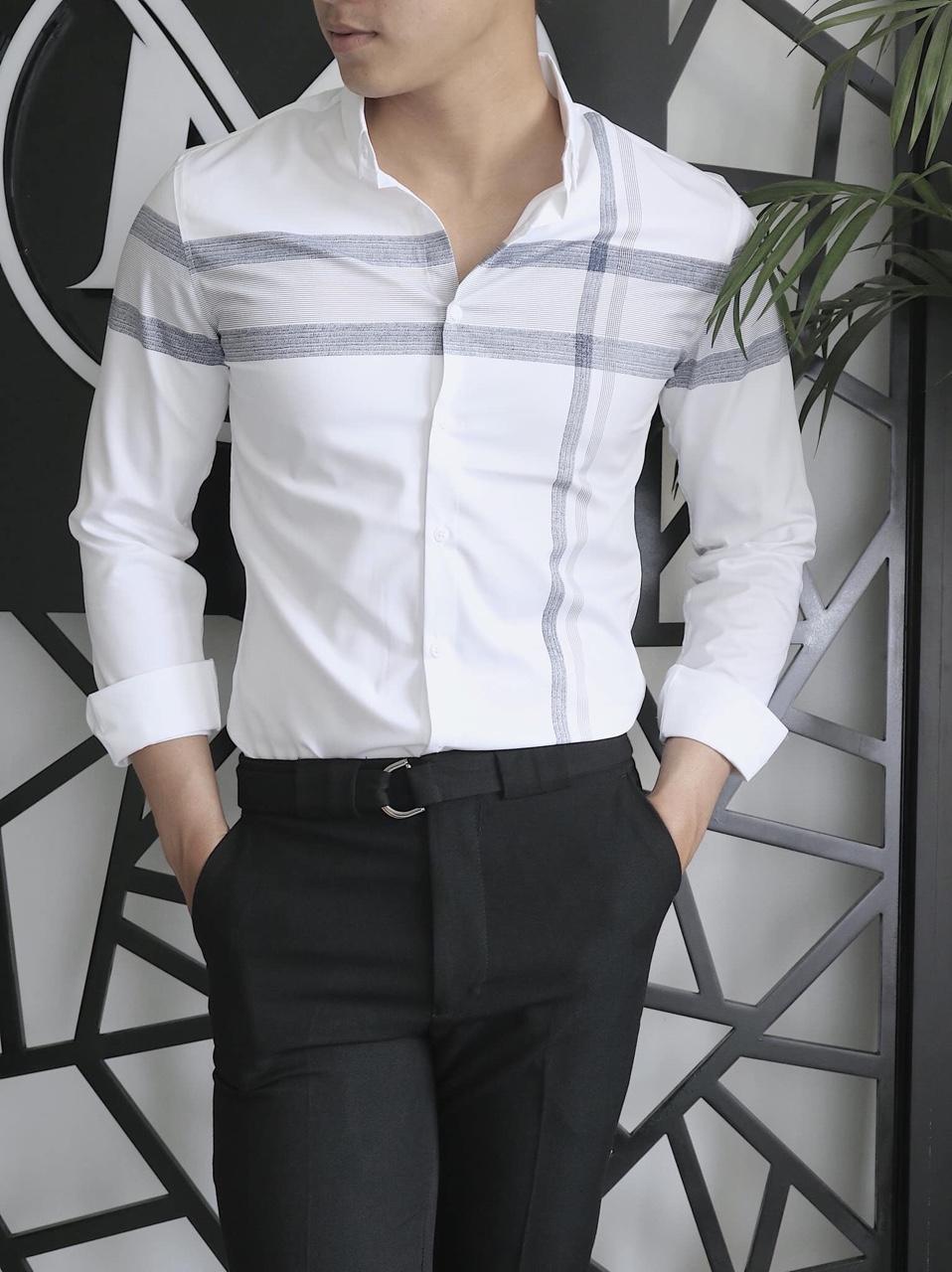 Áo sơ mi nam tay dài công sở form Hàn Quốc mã SK00200 phối họa tiết ngang dọc hai màu đen trắng siêu hot