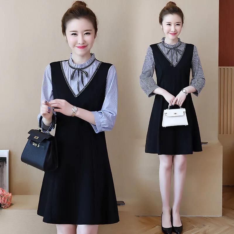 Váy Bầu Đen Phối Kẻ Đen Cổ Tàu